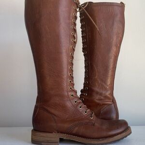 Frye Womens Veronica Tall Leather Boots Sz7.5 Lace Up Zip Brown * fit like a 7